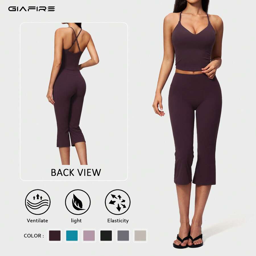 GIAFIRE 女款緊身高彈力短版上衣與 7/8 長褲套裝，時尚短袖兩件式套裝，優雅風格，修身設計，適合運動穿著 - 紫色 - 查看 1