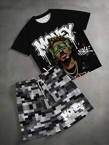 Men's 2-Piece Outfit, Plus Size, Men's Shorts, Men's Patterned Shirt, Streetwear "Hip Hop Men, Black + Gray Camouflage" Pattern Sports Set - Polyester Fabric, Drawstring, Pockets, Suitable For Plus Size Body - black gray - View 2