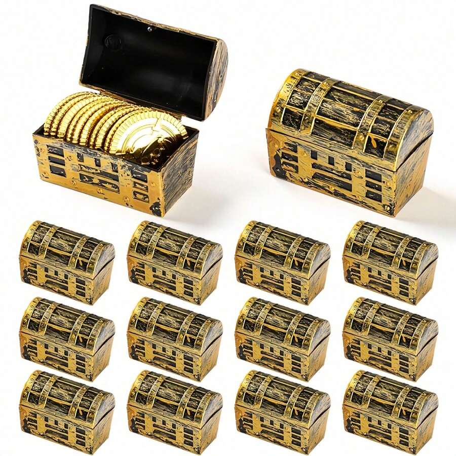 10個迷你海盜寶箱，萬聖節迷你塑膠金色復古海盜珠寶盒，尋寶派對裝飾，適用於復古禮品盒、成人生日萬聖節派對裝飾、臥室裝飾、房間布置