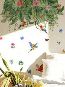 1pc Tropical Vine Parrot Flower Butterfly Wall Decor Sticker, Removable Room Decoration Wall Decal For Bedroom And Living Room - 1PC - View 4