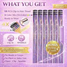 Hair Tinsel Clip In Pack Of 18 Pcs Whimsical Rainbow Hair Accessories 22 Inch Glitter Fairy Hair Tinsel Kit For Women Girls Tinsel Hair Extensions For Party Gatherings Festival (Whimsical Rainbow) - ColorT - View 4