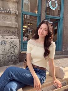 French Elegant Off Shoulder Mesh Splice Beaded Knit Sweater, Versatile Fitted Crop Top For Work, Dating, Vacation Summer - Apricot - View 2