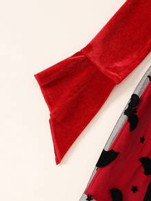 Halloween Girls Fashion Rhinestone Velvet Bat Mesh Dress - Red - View 5