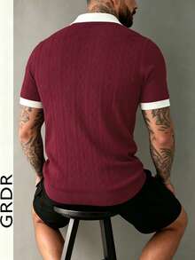 GRDR 男士翻領夏季對比飾邊設計針織短袖上衣 - 時尚休閒 T-shirt - 中紫紅色 - 查看 6