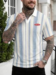 Camisa polo de verano para hombre con estampado de rayas de color contrastante y cuello acanalado, versátil - Multicolor - Ver 1