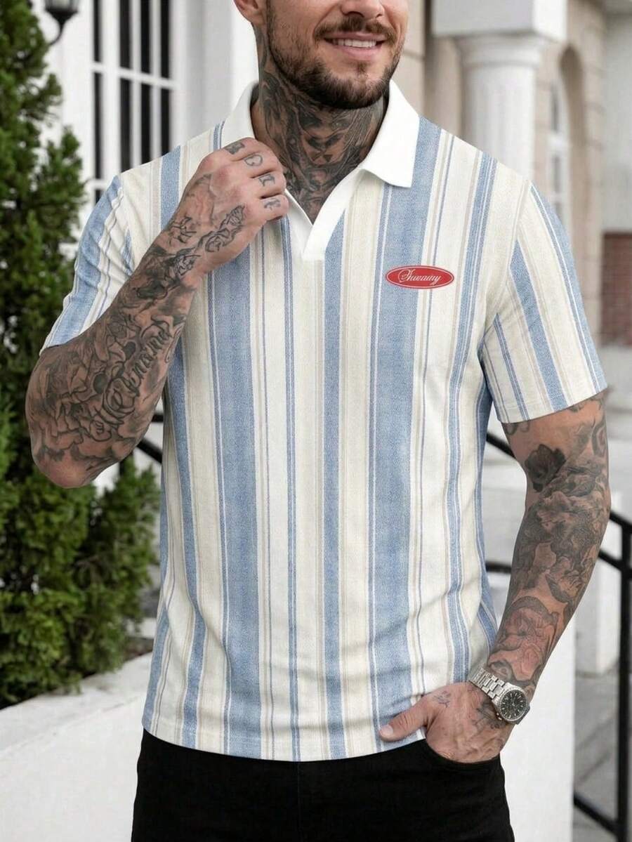 Camisa polo de verano para hombre con estampado de rayas de color contrastante y cuello acanalado, versátil - Multicolor - Ver 1