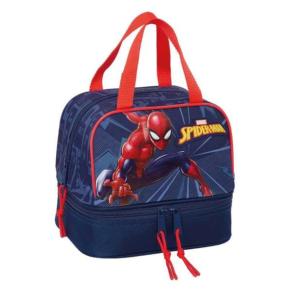 Safta SPIDERMAN Lancheira Marvel Homem-Aranha com compartimento inferior, 20x15x20 cm, alça dupla, zíper duplo e porta-crachá.
