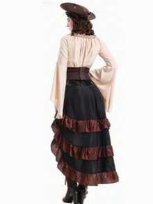 Christmas Artistic Asymmetric High-Low Hem Medieval Pirate Queen Corset Pleated Long Dress Sailor Cosplay Costume Autumn - Apricot - View 6