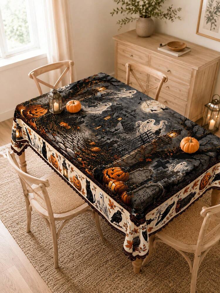 1 buah Taplak Meja Halloween Kucing Hitam Hantu , Taplak Meja Bundar/Persegi Panjang Motif Rumah Hantu Vintage Gagak Batu Nisan Daun Maple, Dekorasi Meja Makan Halloween Gaya Rumah Pertanian Menyeramkan, Taplak Meja Liburan Musim Gugur - Beraneka warna - View 15