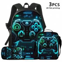 Neon Gamepad Print 3-In-1 Backpack Set, Cool Gamer School Backpack With Lunch Tote & Pencil Pouch, Travel Daypack For Gaming Fans, Large Capacity - Multicolor - View 2