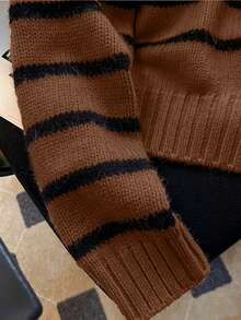 Women's Fall Striped Colorblock Collared Knit Pullover Sweater - Mocha Brown - View 5