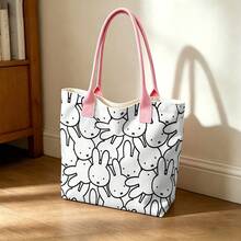 Miniso Tas Tote Kanvas Motif Garis Miffy Berwarna Pink dengan Pegangan, Kapasitas Besar, Tas Bahu untuk Sekolah, Belanja, Perjalanan, dan Penggunaan Kasual Sehari-hari - Putih - View 2