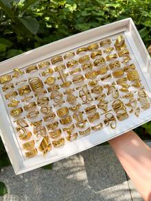 1/3/6/12/24 Buah Cincin Geometris Minimalis Berlapis Emas 18K dari Baja Tahan Karat untuk Wanita, Cocok untuk Pemakaian Sehari-hari, Belanja, dan Pesta (Model Acak) - Emas - View 1