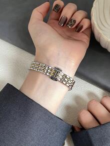 1件復古銀色不鏽鋼方形小錶盤女款手錶，時尚優雅石英腕錶，適合日常配戴 - 銀間金 - 查看 6