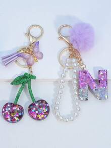 1pc Resin Starry Sky Epoxy Letter Keychain With Black Fur Ball Tassel Decor, Heart Pendant Gift For Friend And Mom - Mauve Purple - View 24