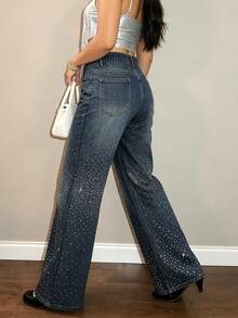 Celana Jeans Denim Wanita Ukuran Besar Pinggang Tinggi dengan Hiasan Rhinestone, Potongan Lurus, Warna Gelap, Gaya Pesta Kasual Mengkilap untuk Musim Gugur - Medium Wash - View 6