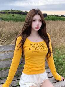 Kaos Lengan Panjang Leher U Gaya Amerika untuk Gadis Seksi dengan Lapisan Dalam dan Pinggang Pas, Warna Kuning - Kuning - View 4