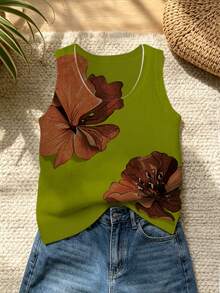 ASHKATIA Tank Top Rajut Leher Bulat Motif Vintage Ukuran Plus Wanita, Rompi Kasual Panjang Reguler, Cocok untuk Pakaian Musim Gugur - Hijau - View 9