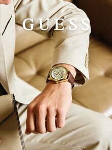 Guess Men's Automatic Mechanical Watch Gold-Tone Skeleton Dial Brown Leather Strap Multi-Function Subdials Elegant Timepiece For Formal Business Meetings - 卡其色 - 查看 2