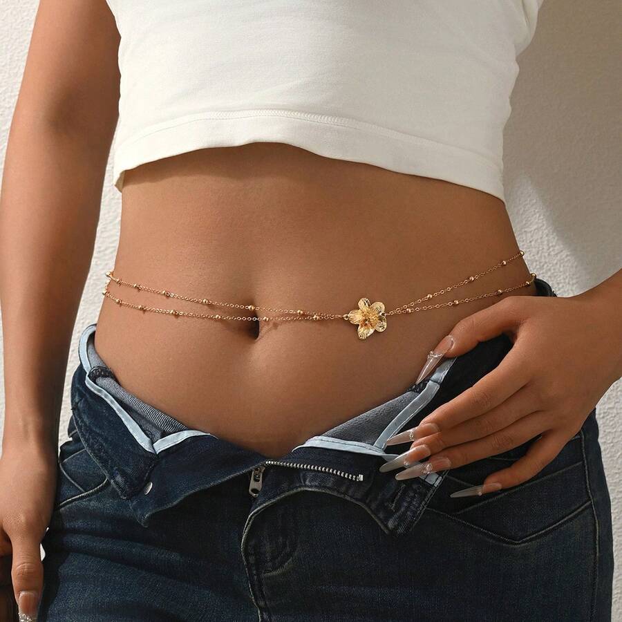 1pc Fashion Sexy Bohemian Style Luxury Double Layer Floral Waist Chain, Adjustable, Suitable For Daily Wear, Party, Dance, Beach, Bikini Body Accessory - Multicolor - View 1