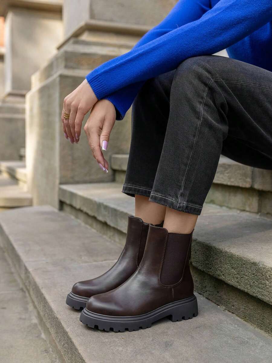Women's Chelsea Boots, Thick Sole Design - Comfortable & Fashionable, Showcasing Urban Chic - Brown - View 1