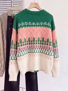 Women's Colorblock Jacquard Fuzzy Cardigan, 3D Floral Button Long Sleeve Knit Sweater, Christmas Holiday Style - Green - View 8