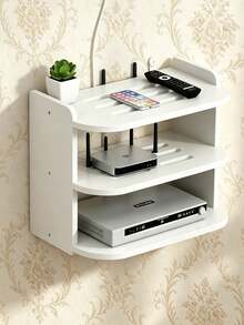 No-Drill Wall-Mounted WiFi Router Modem Double-Layer Floating Storage Rack, Heat Dissipation Ventilated Wall Storage Shelf, Suitable For Bedroom And Living Room, Heavy-Duty Cable Management Rack, Compatible With Router, Projector, Streaming Box, Dual Installation Kit TV Top Device Storage Tray - Wall-mounted - View 4