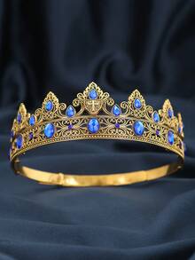 Vintage Silver Hollow Gothic Crown For Men, Cross Shield Black Crystal Inlaid Adjustable Metal Crown, Groom Wedding Evening Party Birthday King Cosplay Photography Accessory - Multicolor - View 15
