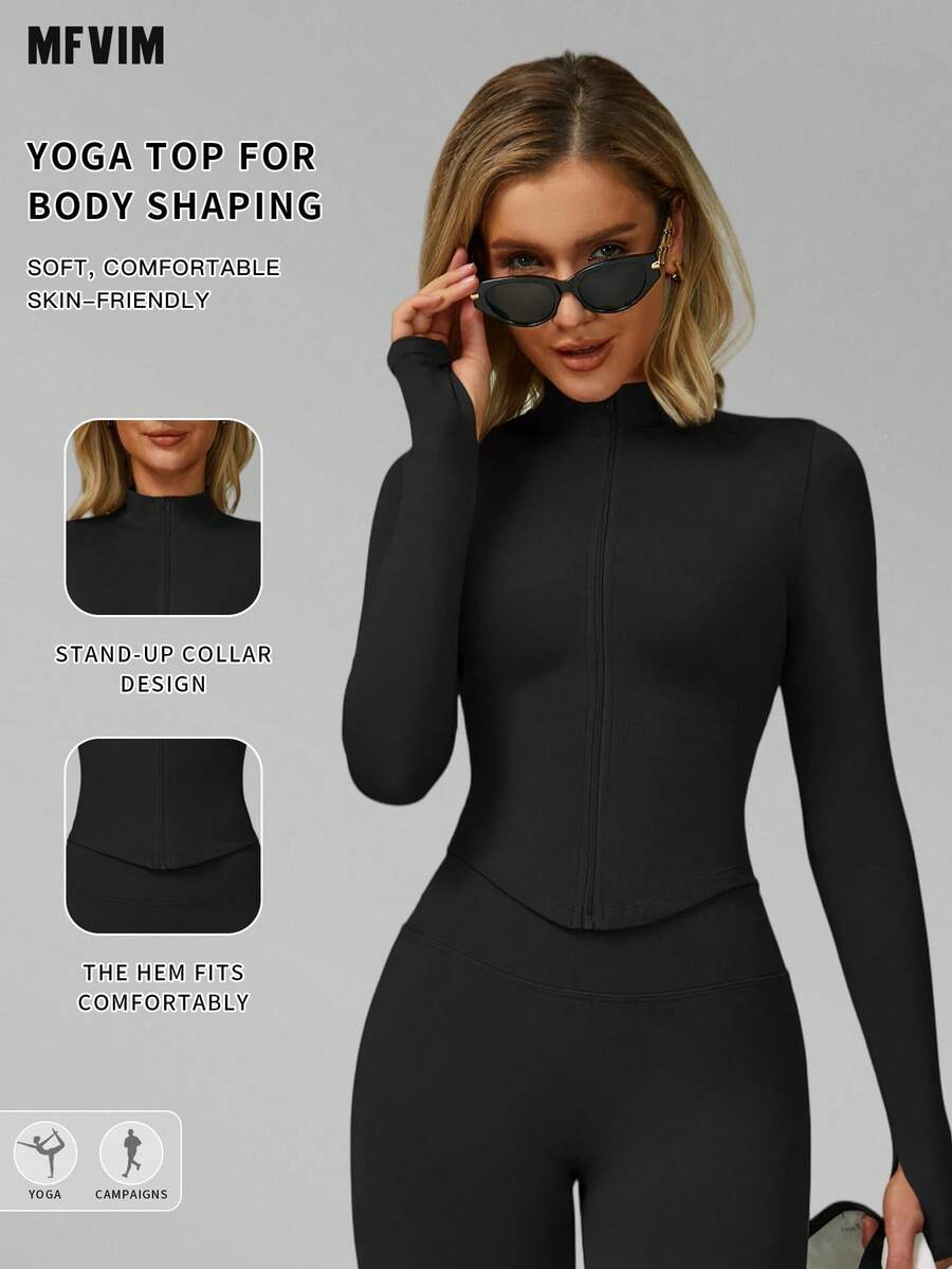 Jaket Yoga MFVIM Lembut dan Elastis, Potongan Slim Fit Lengan Panjang dengan Resleting dan Kerah Tegak