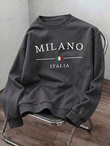 男士春/秋休閒時尚 MILANO 印花圓領運動衫 - 深灰色 - 查看 1