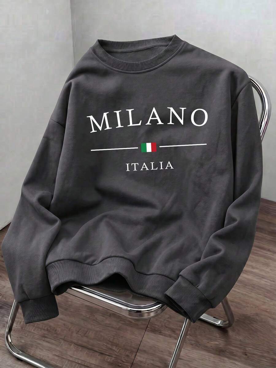 男士春/秋休閒時尚 MILANO 印花圓領運動衫 - 深灰色 - 查看 1