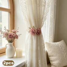 2pcs Luxury Pearl Floral Curtain Tiebacks, 3D Flower Bedroom Living Room Soft Decor Curtain Tie, Window Decoration - Alloy - View 14