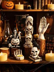 1pc/3pcs Gothic Skull Desktop Decor, Crow Hand Candle Holder, Pumpkin Grim Reaper Statue, Haunted Tiered Tray, Halloween Dark Aesthetic Witch Style, Fireplace Mantel Shelf, Cosplay Party Holiday Decoration Gift, Housewife Friend Style, Spooky Indoor Home Decor Ornament - style 1 - View 3