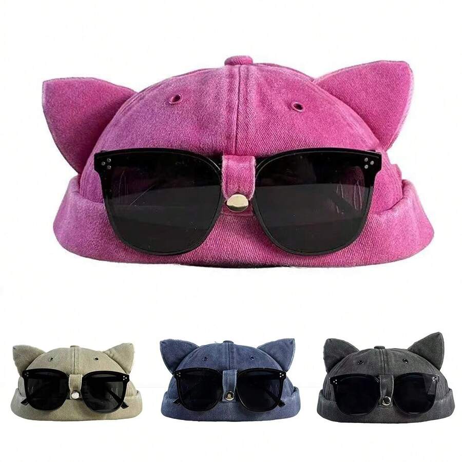 1pc Women's Solid Color Washed Cat Ear Design Bucket Hat With Sunglasses Storage Clip, Fashion Casual Hat For Spring/Summer Travel, Beach, Party - Multicolor - View 1