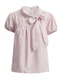 Korean Style Sweet Bow Tie Short Sleeve Blouse, Loose & Slimming, Elegant Summer Top For Women Pink - Pink - View 6