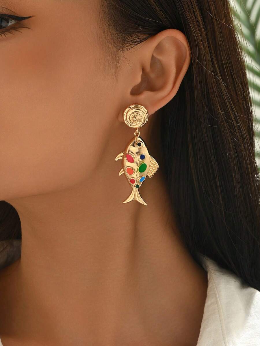 1 Pair Luxury Enamel Oil-Drip Fish & Seashell Long Earrings, Suitable For Beach Vacation, Party, Banquet, Gift, Daily Wear - Colorful - View 1