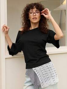 Women's Casual Style Summer Vacationl Ruched Black Short Sleeve T-Shirt For Fall Polyester Round Neck Top With Drop Shoulder, Medium Stretch Comfort - 黑色 - 查看 1