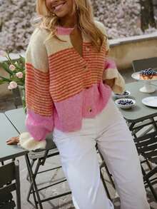 Women's Knitted Striped Contrast Color Cardigan, Long Sleeve, Button Detail Pink Fall - Pink - View 2