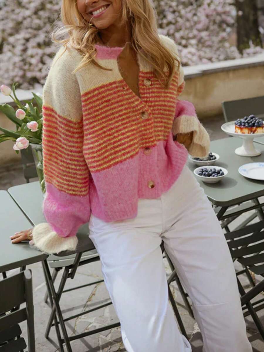 Women's Knitted Striped Contrast Color Cardigan, Long Sleeve, Button Detail Pink Fall