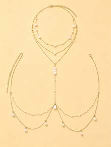 1pc Multi-Layer Pearl Y-Shaped Draping Body Chain, Asymmetrical Pearl Layered Necklace Connected To Waist Chain, Women's Summer Beach Bikini Vacation Pearl Body Accessory - Pearl - View 7