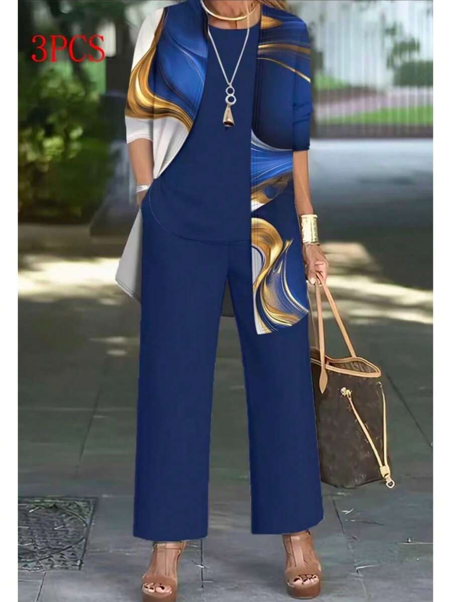 Plus Size Women's Fashionable Printed Elegant 3 Pieces Set - Blue - View 1