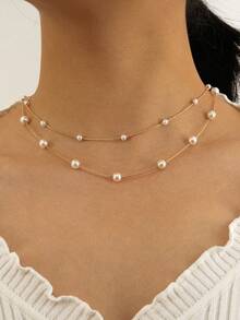 1pc Minimalistic Creative Chain & Faux Pearl Double Layer Necklace For Women - Yellow Gold - View 1