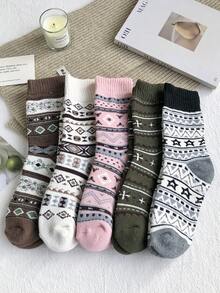 5 Pairs Autumn/Winter Retro Pattern Fashion Vintage Mid-Calf Socks, Women's Thickened Warm Knitted Socks, Suitable For Daily Wear, Home, Outdoor Sports, Matching With Boots, Sneakers, Slippers - Multicolor - View 6