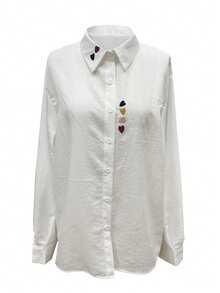 Women's Elegant Casual Turn-Down Collar Solid Color Long Sleeve Shirt With Colorful Embroidery Design, Versatile For , And Artistic Style White - White - View 5