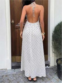 Women's Polka Dot Halter Dress Satin Backless Midi Dress With Lace Bodice Adjustable Tie Front Summer Vacation Beach Party Outfits - White - View 2