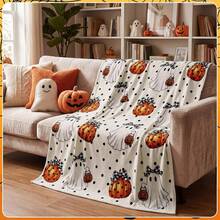 1 Stück Halloween Bestseller amerikanischer Landhausstil süßer Geist Plüsch-Nickendecke, gepunktetes schwarz-kariertes Schleifen-Kürbis-Laternen-Muster hautfreundliche Flanelldecke - Verschiedenfarbig - Übersicht 1