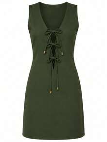 Vestido Curto Feminino Alfaiataria Marrot Decote V com Amarração Frontal Elegante Premium - Cinza Escuro - Visão 2