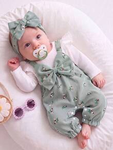 2pcs Baby Girl Ditsy Floral Jumpsuit With Bowknot Decor And Headband, Spring/Autumn - Green - View 3