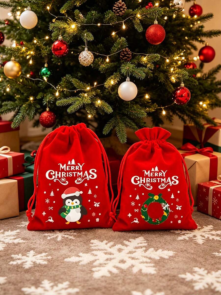 10pcs/Set Large Christmas Ornament Gift Bags, 12 Christmas Theme Pattern Gift Bags, Velvet Drawstring Gift Bags For Christmas & Halloween (Random Pattern) - Multicolor - View 1