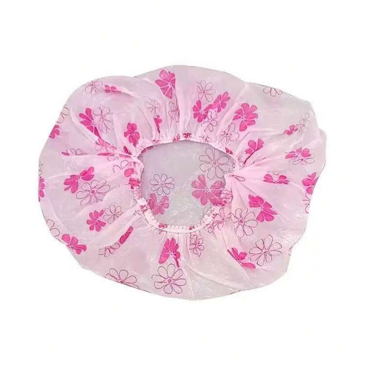 (Random Color) Durable Disposable PE Shower Cap, Suitable For Waterproof Bathing, Hot Oil Treatment And Hair Drying During Bathing, Suitable For Home, Hair Salon And Beauty Salon Use - Flower Shower Cap - View 6